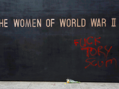 Protesters vandalised the Women of World War II Monument in London on Saturday. Photo: The Independent 